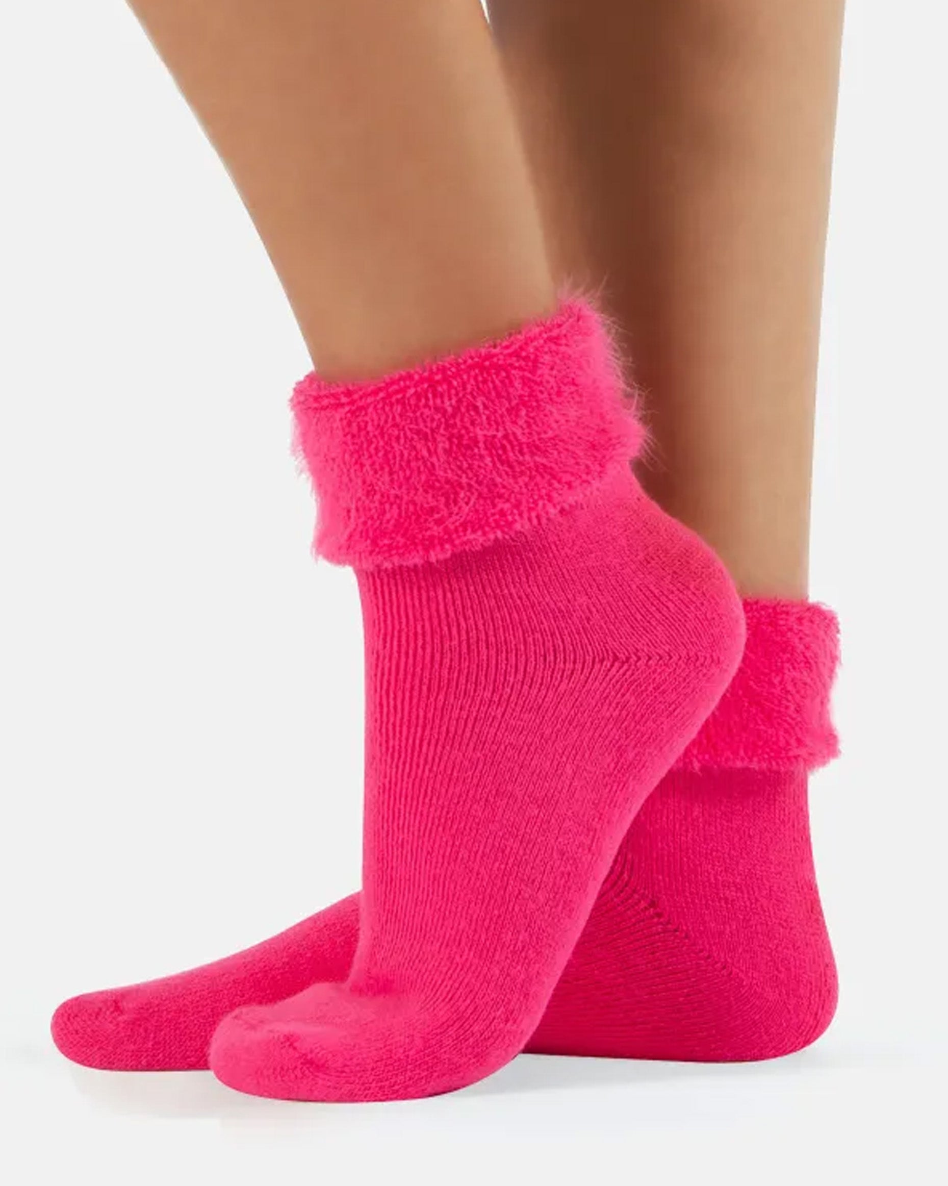 Calzitaly Angora Touch Socks - Bright neon pink thick and warm acrylic socks with a fluffy angora type terry lining with a turned down cuff.