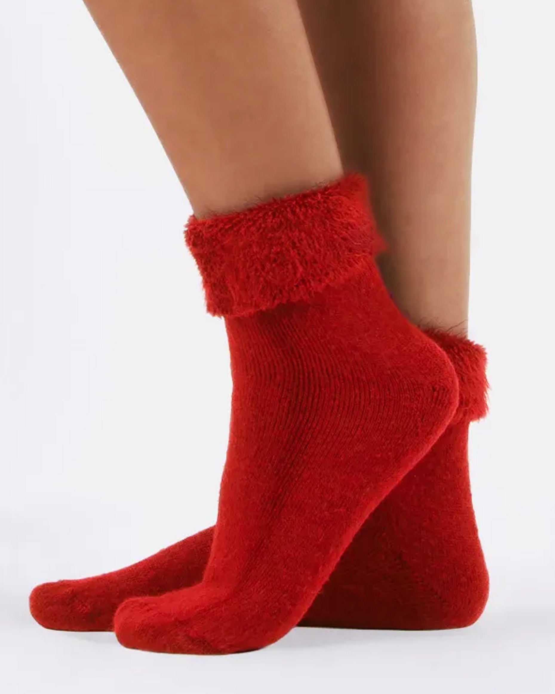 Calzitaly Angora Touch Socks - Red thick and warm acrylic socks with a fluffy angora type terry lining with a turned down cuff.