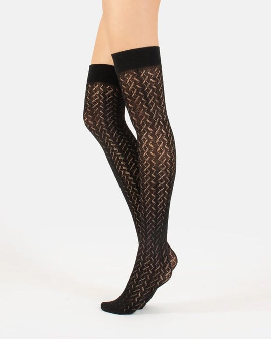 Black knee-high sheer tights with a brown geometric basketweave pattern, shown on a model's legs against a plain white background.