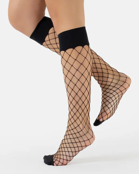 Calzitaly - Fence Fishnet Knee-Highs 2 Pk - Black wide fence fishnet knee-high socks with a plain opaque toe and deep elasticated cuff. 2 pairs per pack.