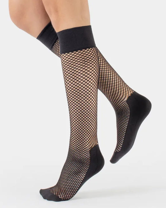 Calzitaly Fishnet Knee-High 2 pack - Black open work fishnet knee high socks with a smooth plain opaque built in shoe liner sock and deep elasticated comfort cuff.