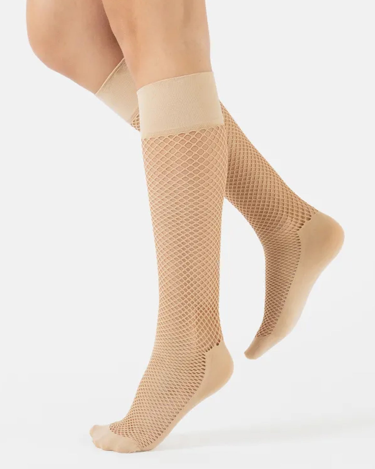 Calzitaly Fishnet Knee-High 2 pack - Light nude open work fishnet knee high socks with a smooth plain opaque built in shoe liner sock and deep elasticated comfort cuff.