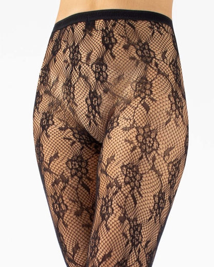 Black floral lace fishnet tights on a white background