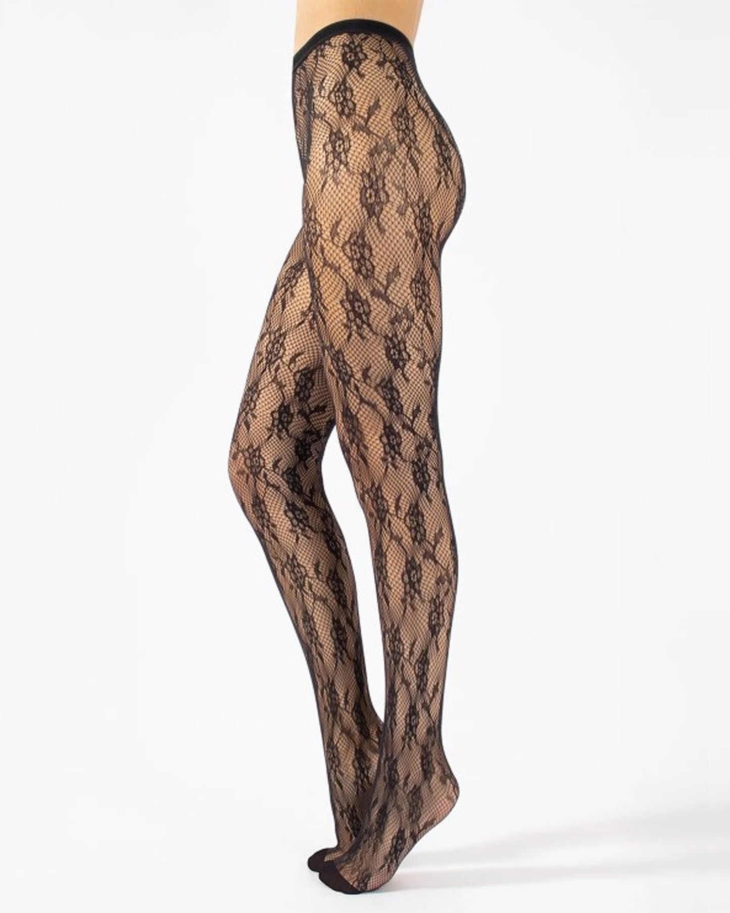 Black floral lace fishnet tights on a white background