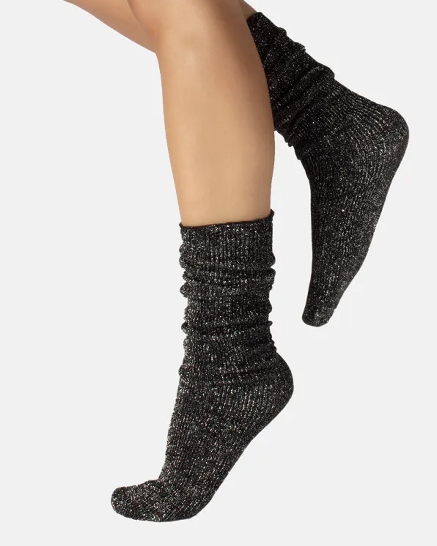 Calzitaly Glitter Rib Sock - Black opaque scrunched down ankle fashion ribbed socks with silver lamé