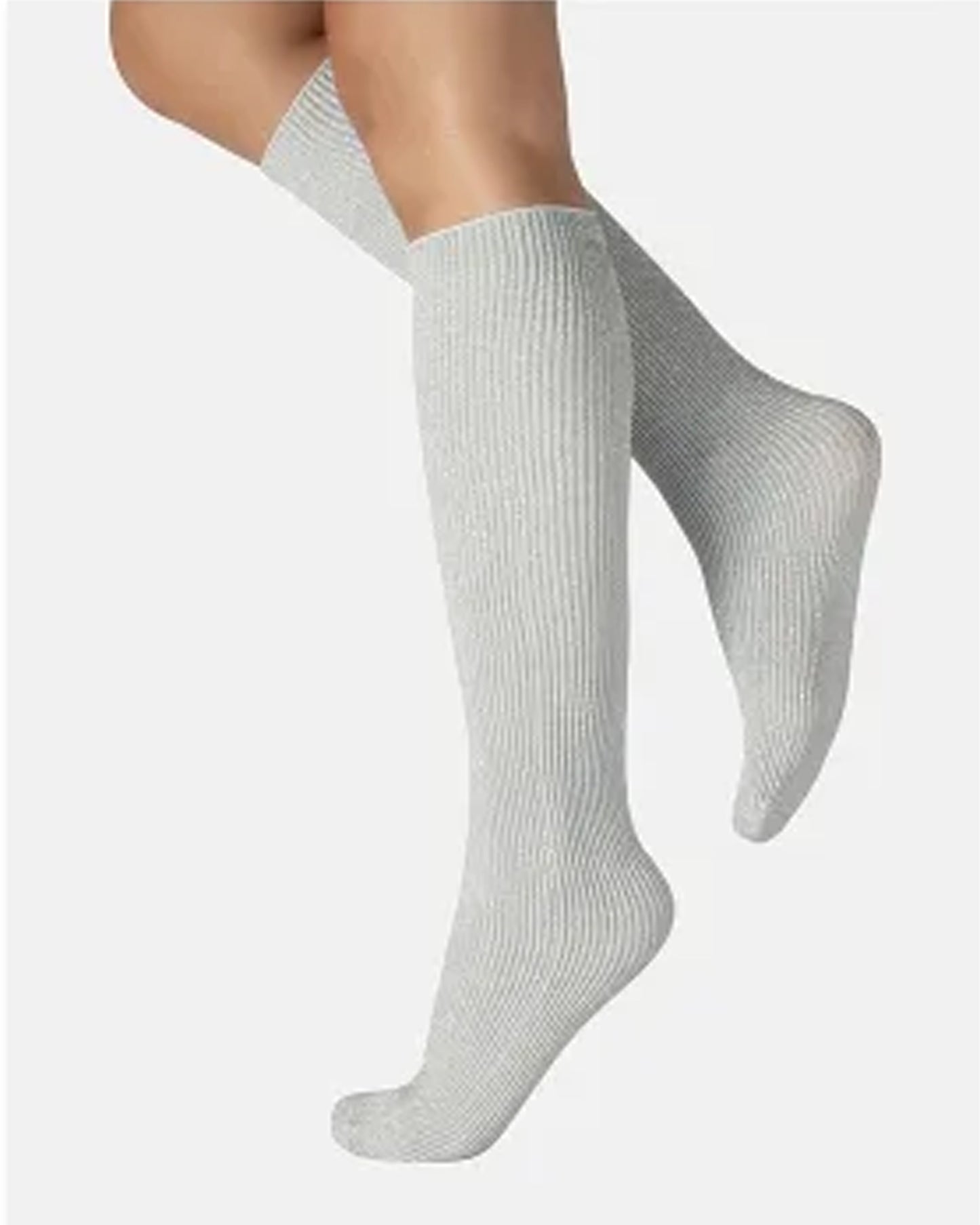 Calzitaly Glitter Rib Sock - Silver grey opaque knee-high fashion ribbed socks with silver lamé