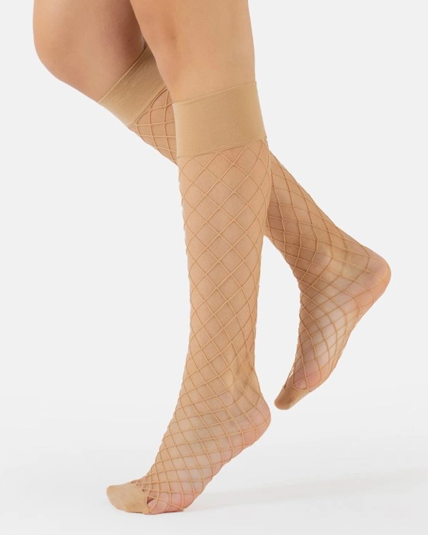 Calzitaly - Fence Fishnet Knee-Highs 2 Pk - Nude wide fence fishnet knee-high socks with a plain opaque toe and deep elasticated cuff. 2 pairs per pack.