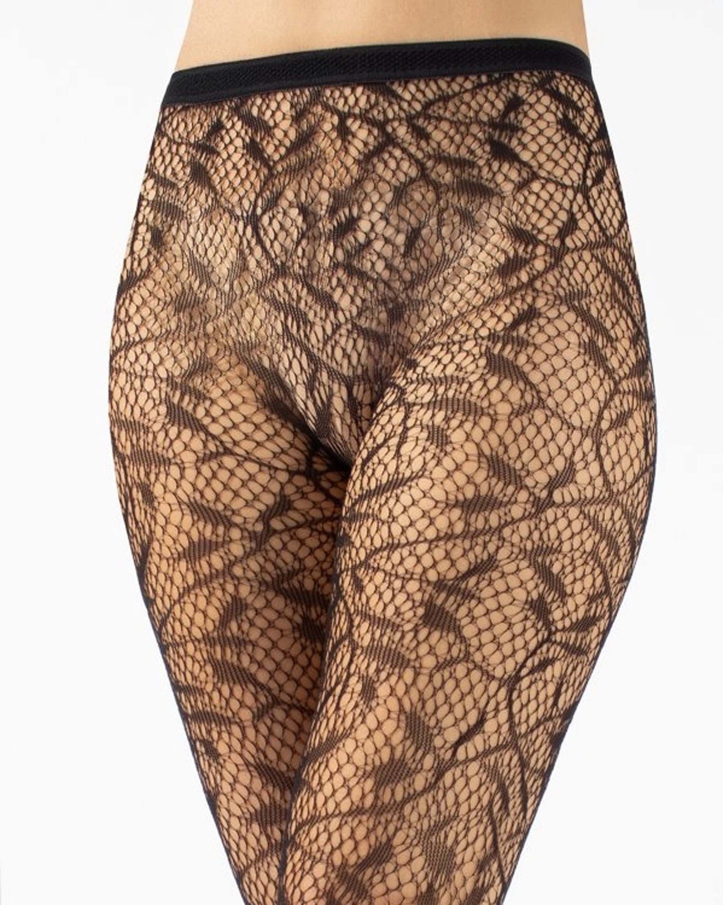 Black fishnet patterned tights on a white background