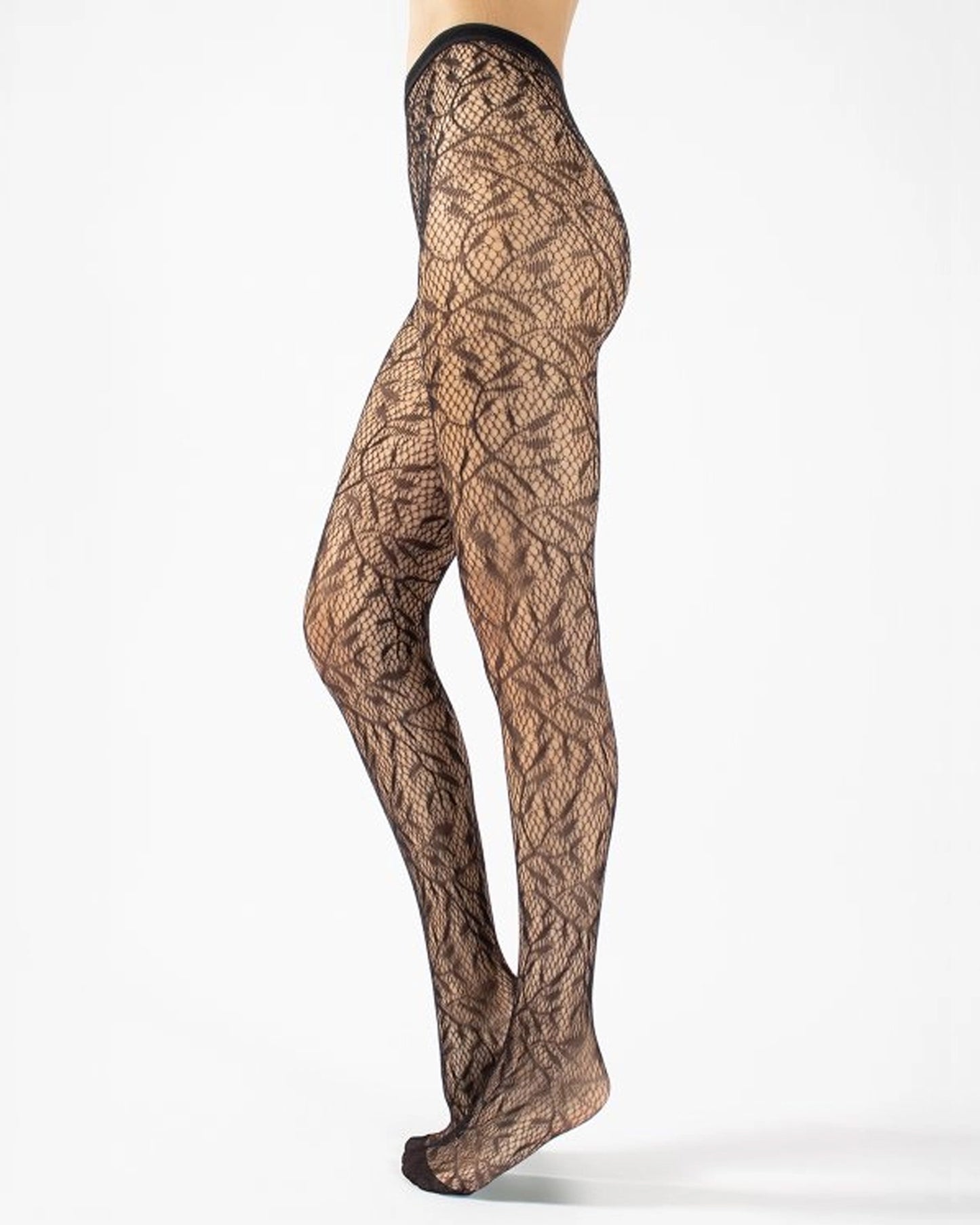 Black openwork leaf style lace patterned tights with seamless body.