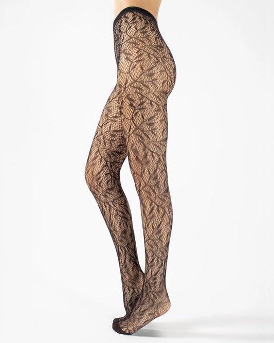 Black openwork leaf style lace patterned tights with seamless body.