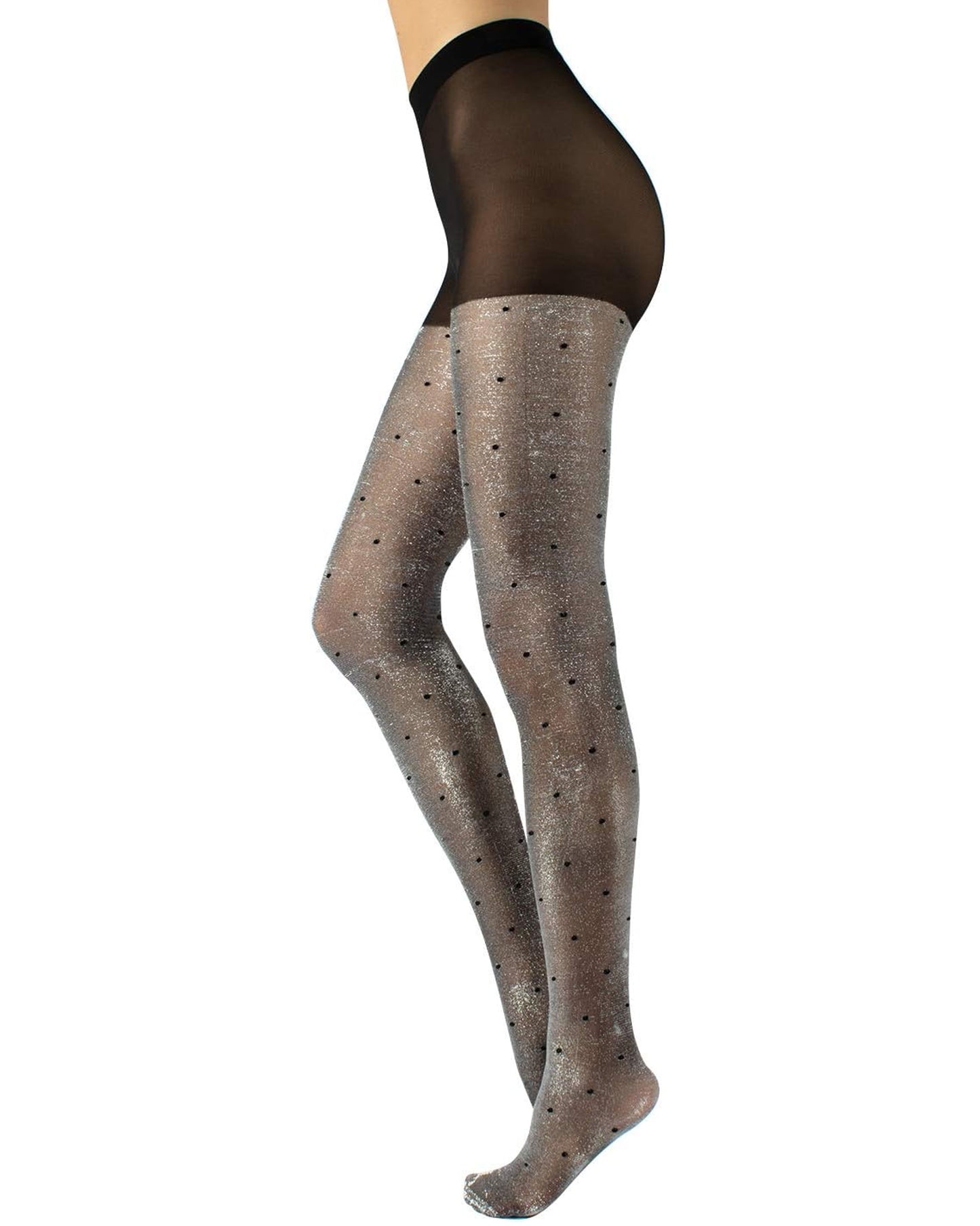 Calzitaly Glitter Polka Dot Tights - Sheer black fashion tights with sparkly silver lamé, black polka dot pattern and plain black boxer top brief. 