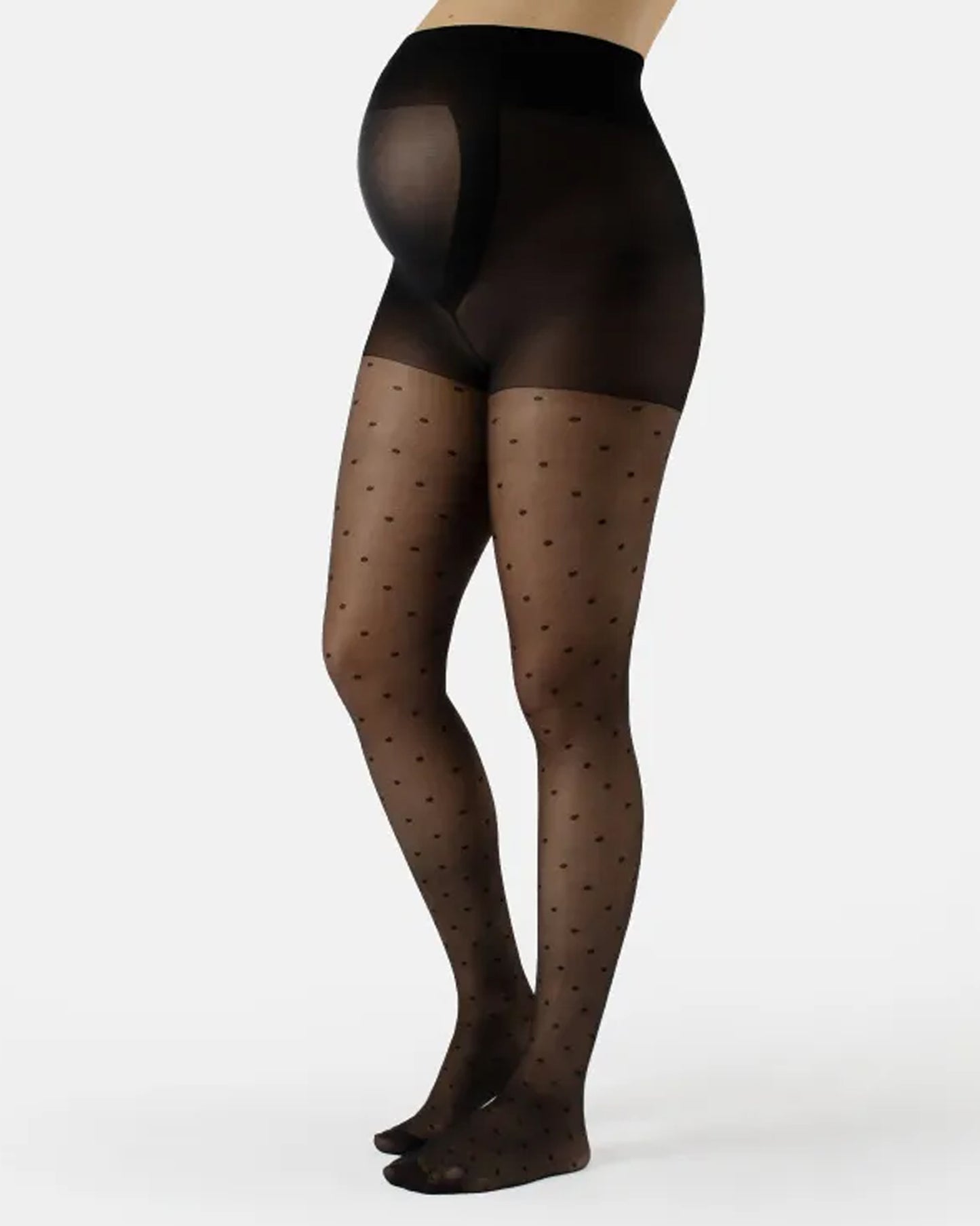 Calzitaly Maternity Spot Tights - Sheer black maternity tights with a light polka dot pattern and long opaque panelled top to snugly fit over bump flat seams, cotton gusset and reinforced toe.