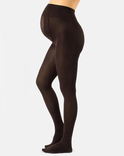 Calzitaly 100 Den Maternity Tights - Dark brown ultra opaque pregnancy tights with an extra panel and flat seam. Side view.