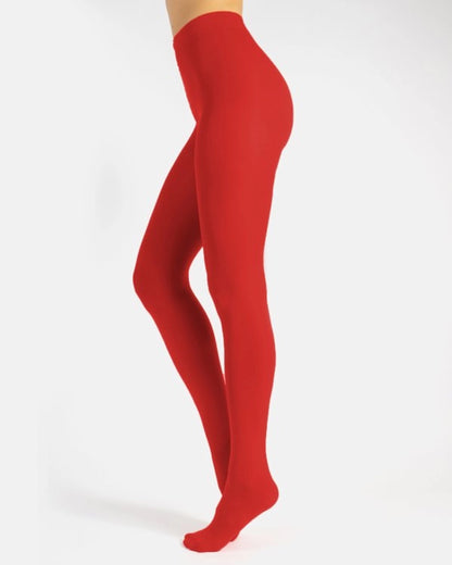 Calzitaly Opaque Tights - 80 den coloured opaque tights in bright red (rosso) waist and gusset detail.