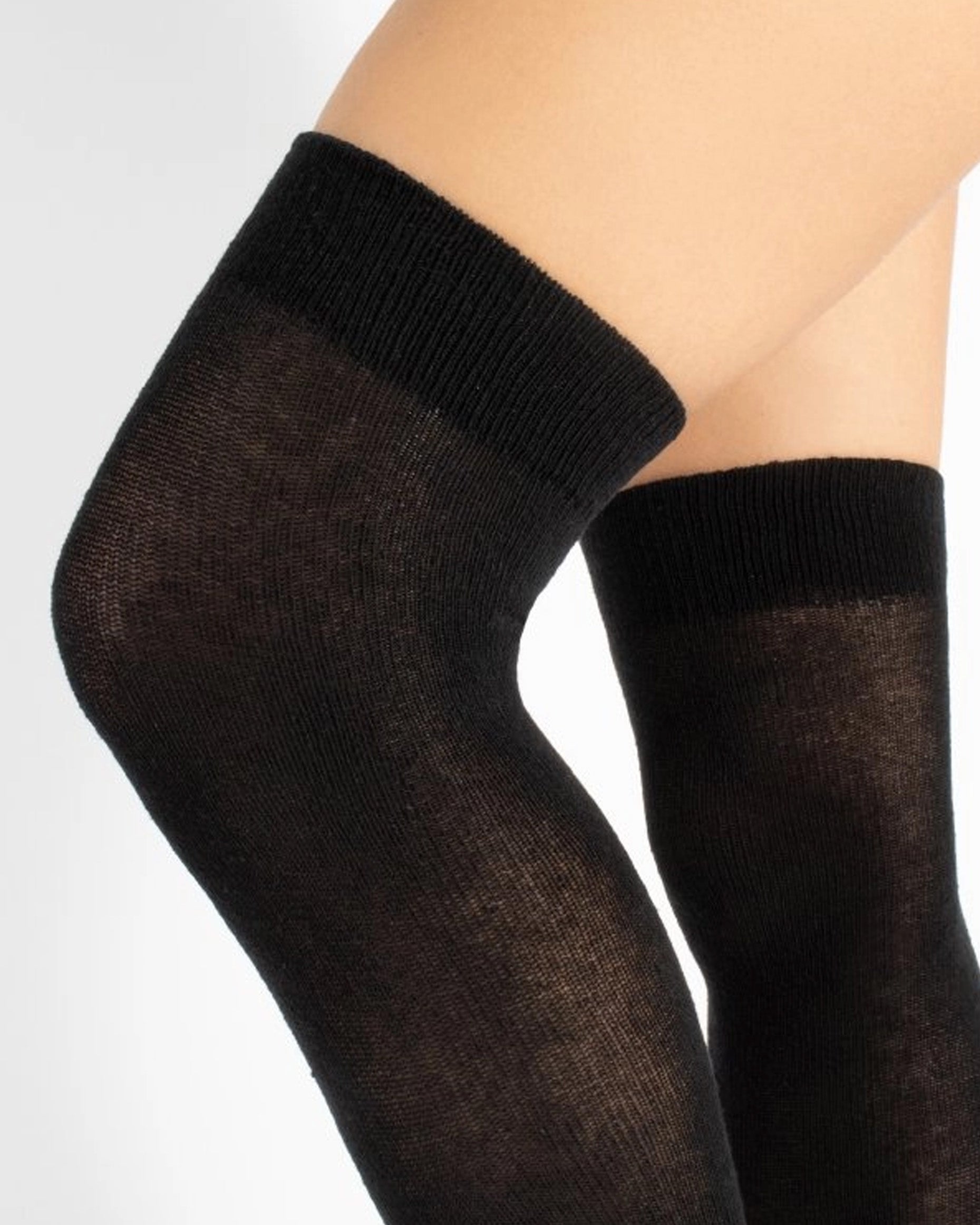 Calzitaly Over-Knee Socks - Black light weight cotton mix over the knee socks with a deep elasticated cuff, close up detail.