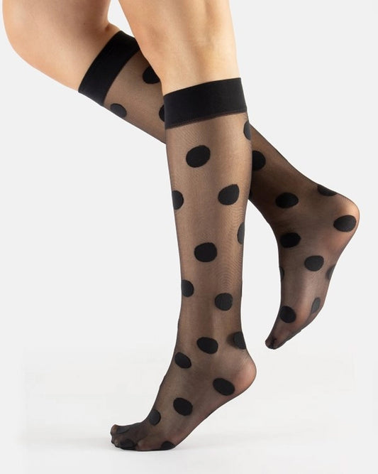 Calzitaly Polka Dot Knee-Highs - Sheer black fashion knee-high socks with a large polka dot pattern and smooth deep comfort cuff.