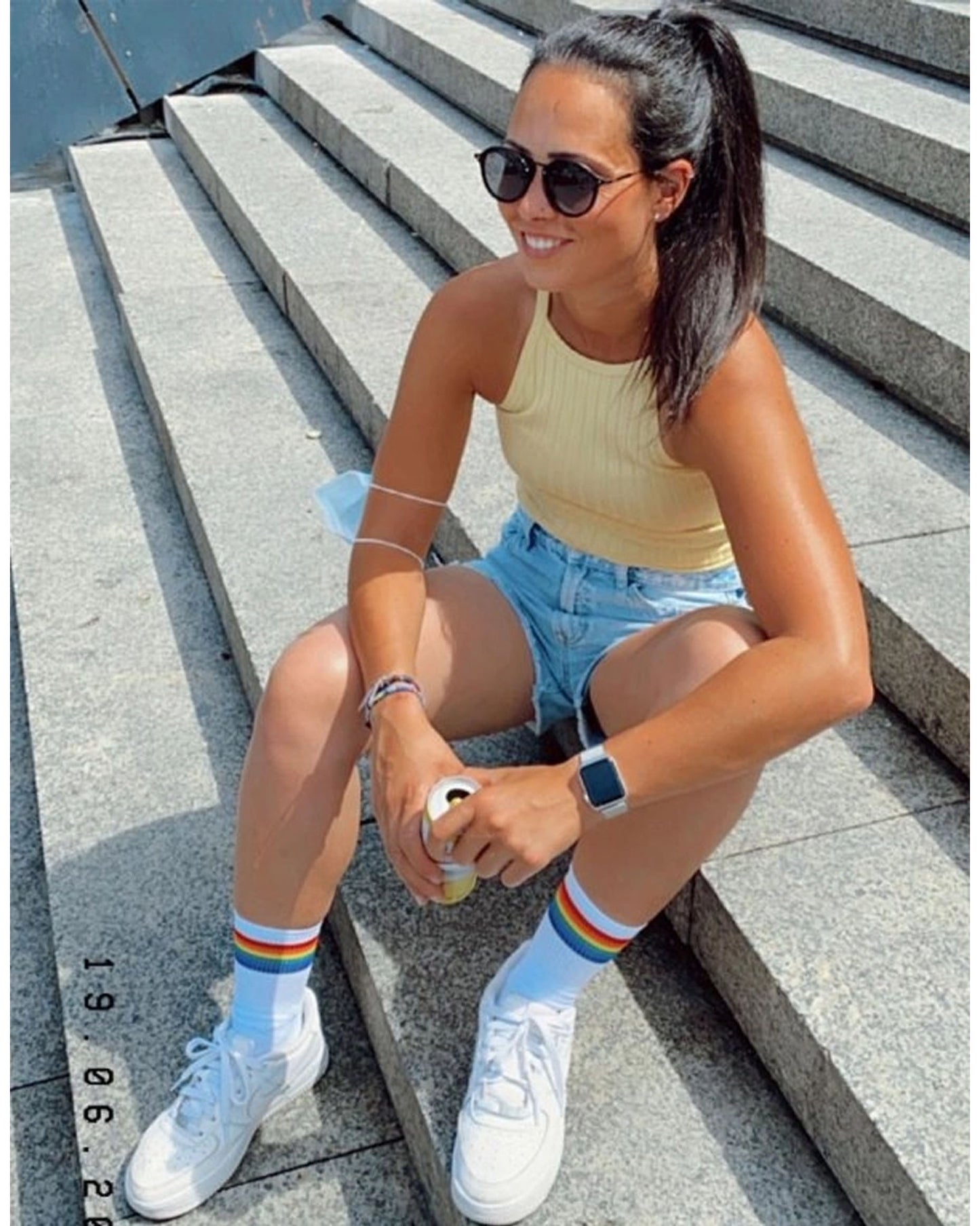 Calzitaly Rainbow Cotton Sock - White cotton ankle socks with a colourful rainbow striped cuff, worn with denim shorts, light yellow tank top and white sneakers