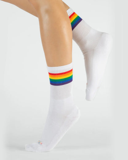 Calzitaly Rainbow Cotton Sock - White cotton ankle socks with a cushioned sole, ribbed rainbow sports style striped cuff, perfect for LGBTQ+ Gay Pride