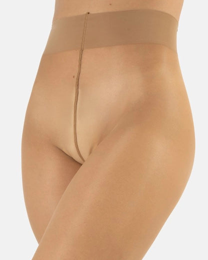 Calzitaly Coloured Sheer Tights - Sheer tan (suntan) tights close up detail of waist, with flat seams, cotton hygienic gusset, high waist and deep comfort waist band.