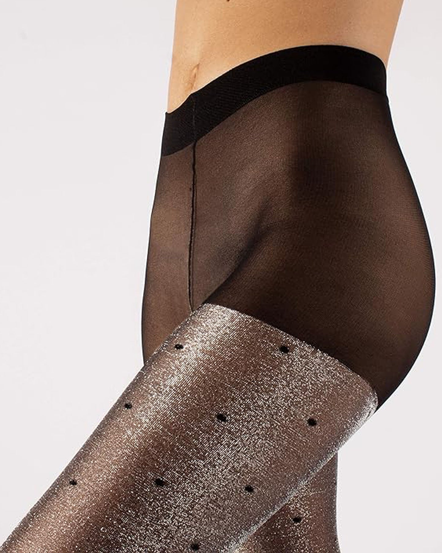 Calzitaly Glitter Polka Dot Tights - Sheer black fashion tights with sparkly silver lamé, black polka dot pattern and plain black boxer top brief. 