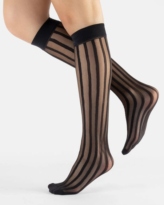 Calzitaly Stripe Knee-Highs - Sheer black fashion knee-high socks with a vertical stripe pattern and smooth deep comfort cuff.