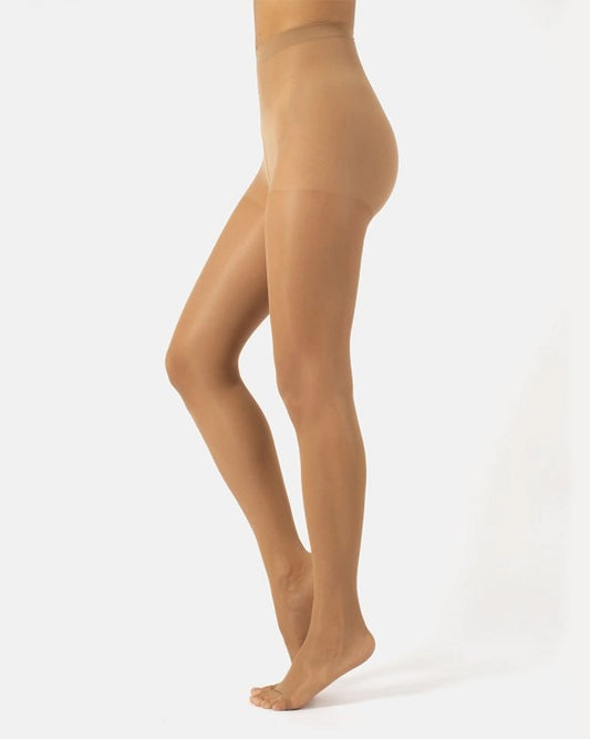 Calzitaly Toeless Tights 10 Den - Sheer open toe/toeless light tan effect tights with reinforced boxer top, side view.