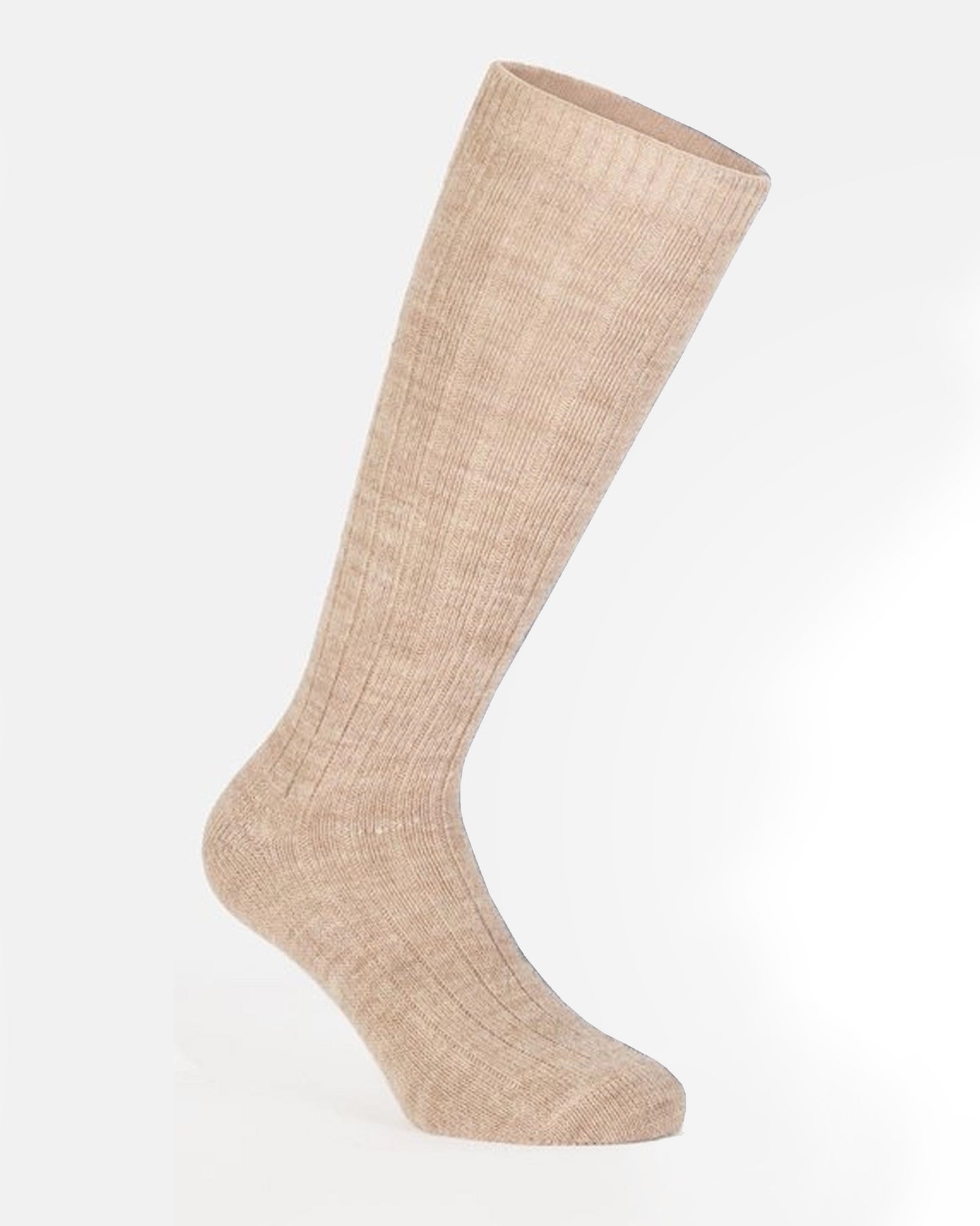 Beige knee-high wooly rib sock on a white background