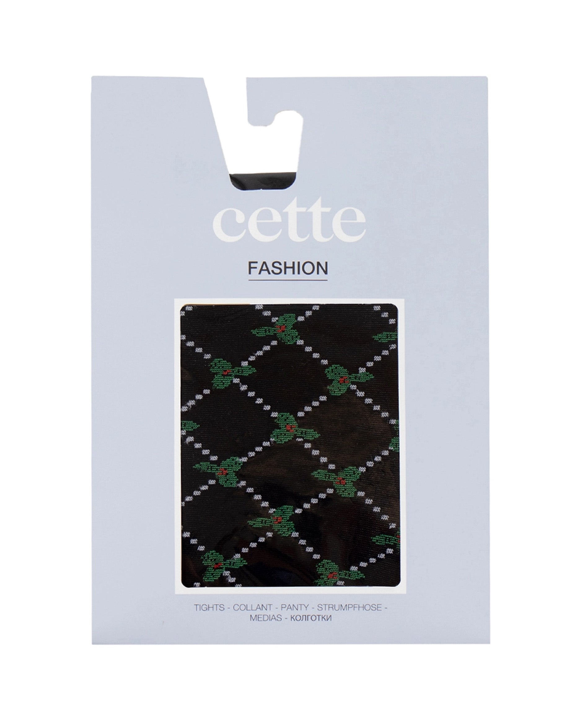Packaged black holly and diamond patterned tights on a light grey background, featuring the brand 'cette'.
