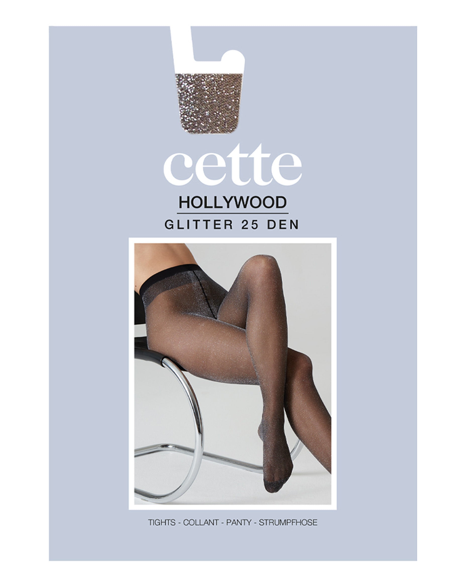 Tights packaging with a person wearing tights, featuring the brand 'cette'.