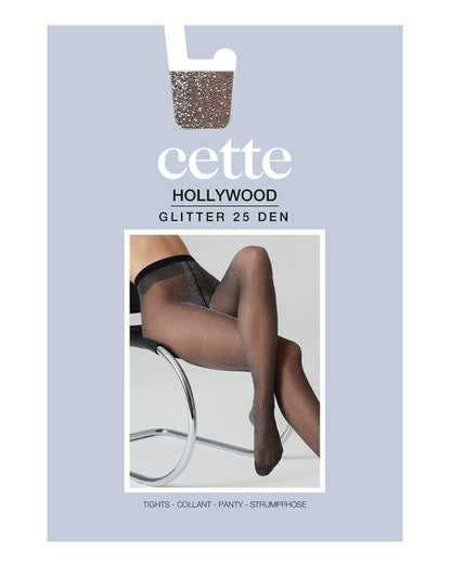 Tights packaging with a person wearing tights, featuring the brand 'cette'.