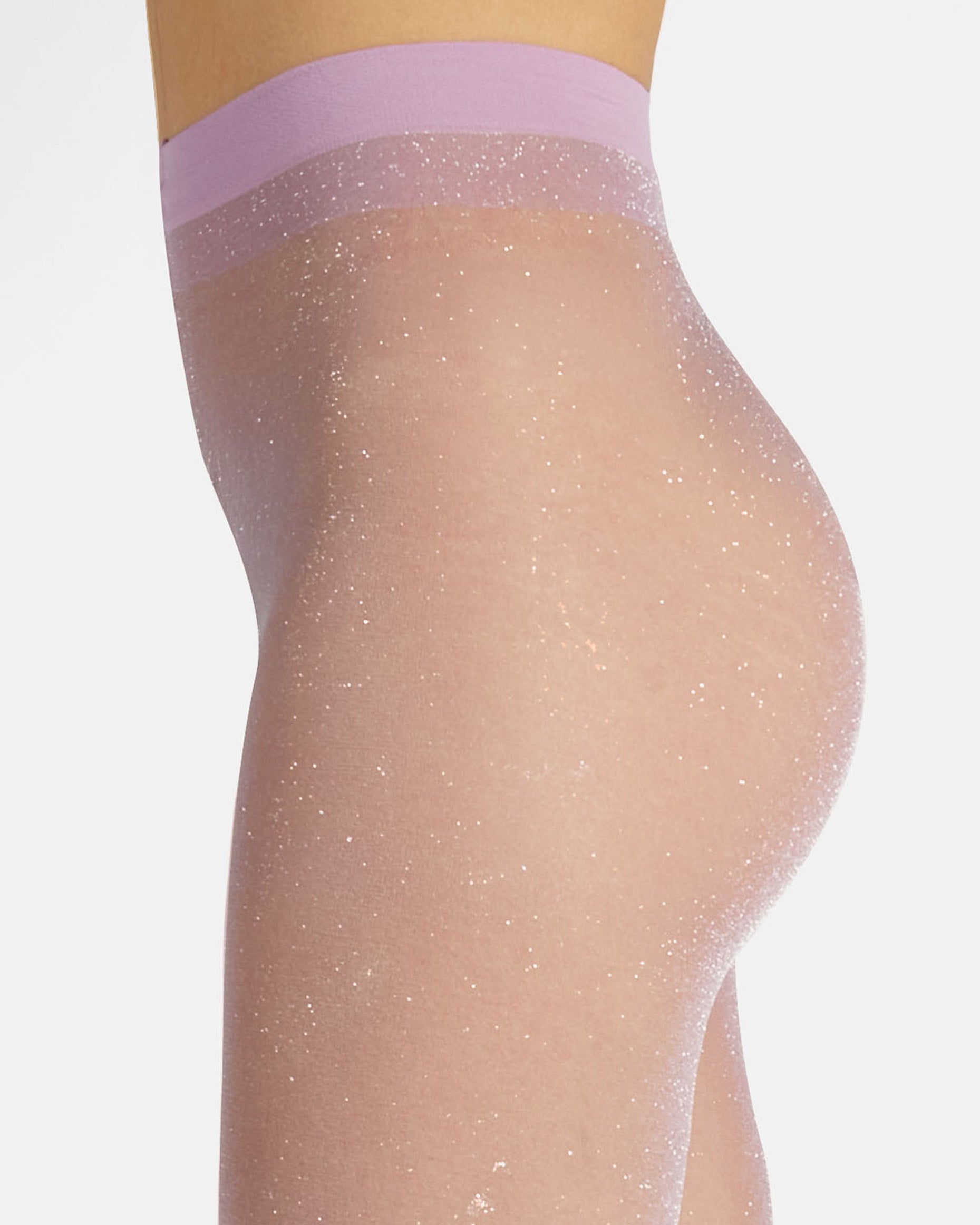 Sheer lilac tights with a silver glittery waistband on a grey background