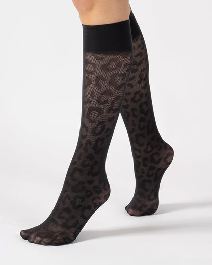 Black leopard print knee-high socks on a white background