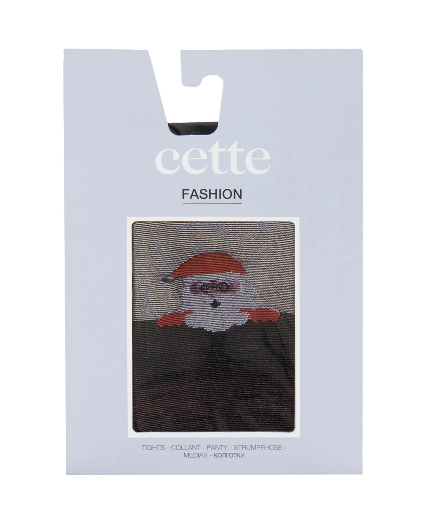 Packaged tights with a Santa Claus design on a white background, featuring the brand 'cette fashion'.