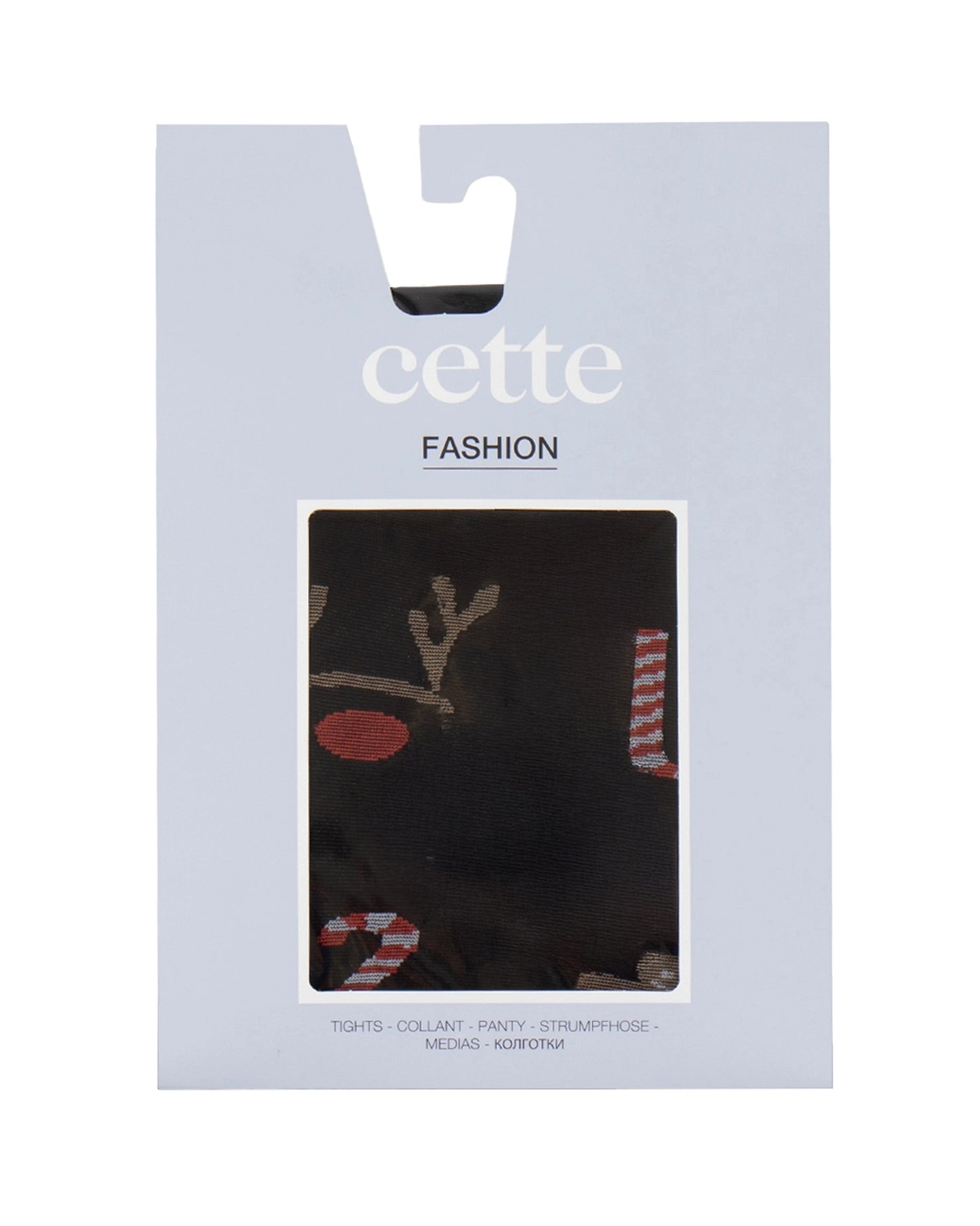 Packaged tights with 'cette fashion' branding featuring a reindeer and candy cane pattern design.