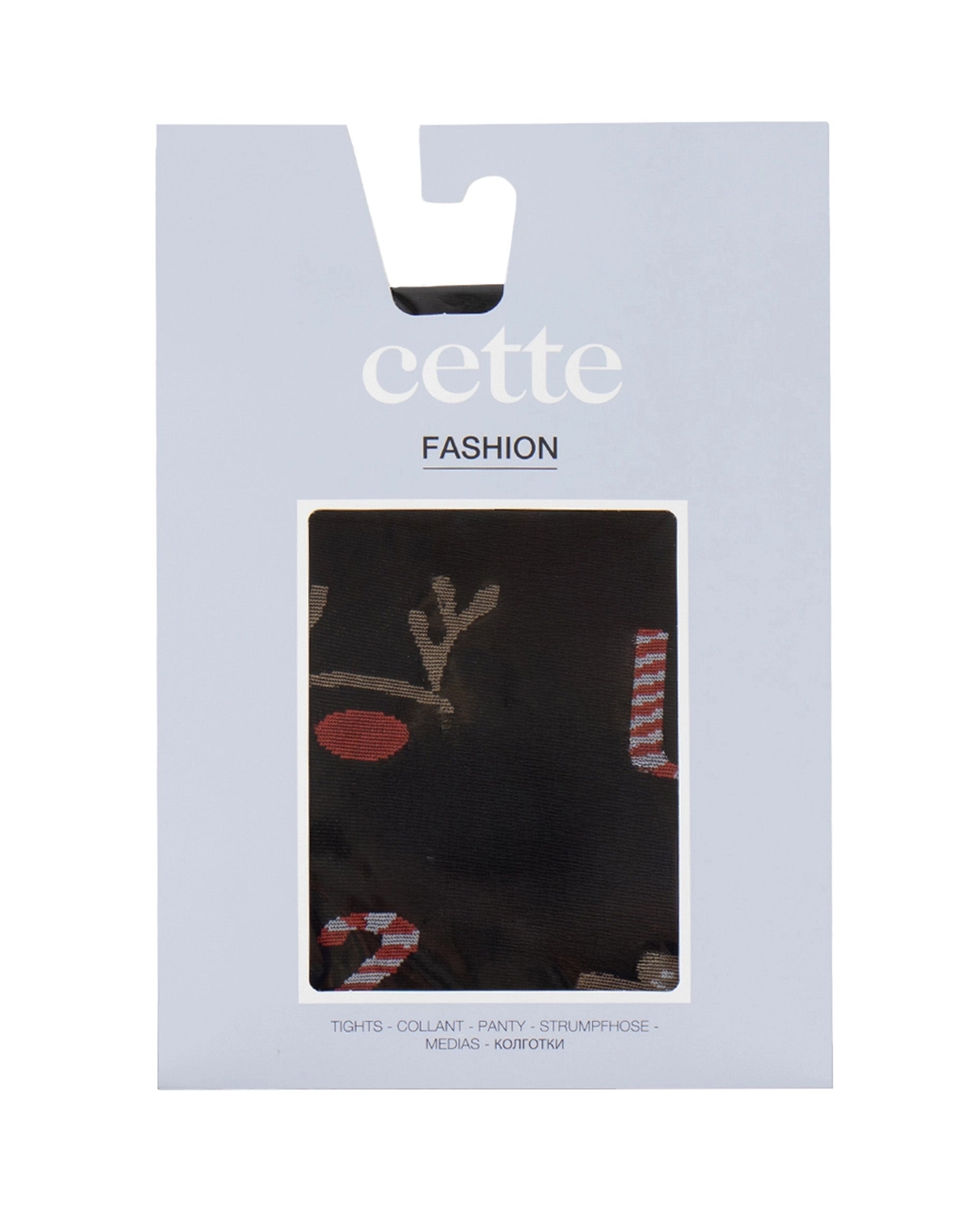 Packaged tights with 'cette fashion' branding featuring a reindeer and candy cane pattern design.