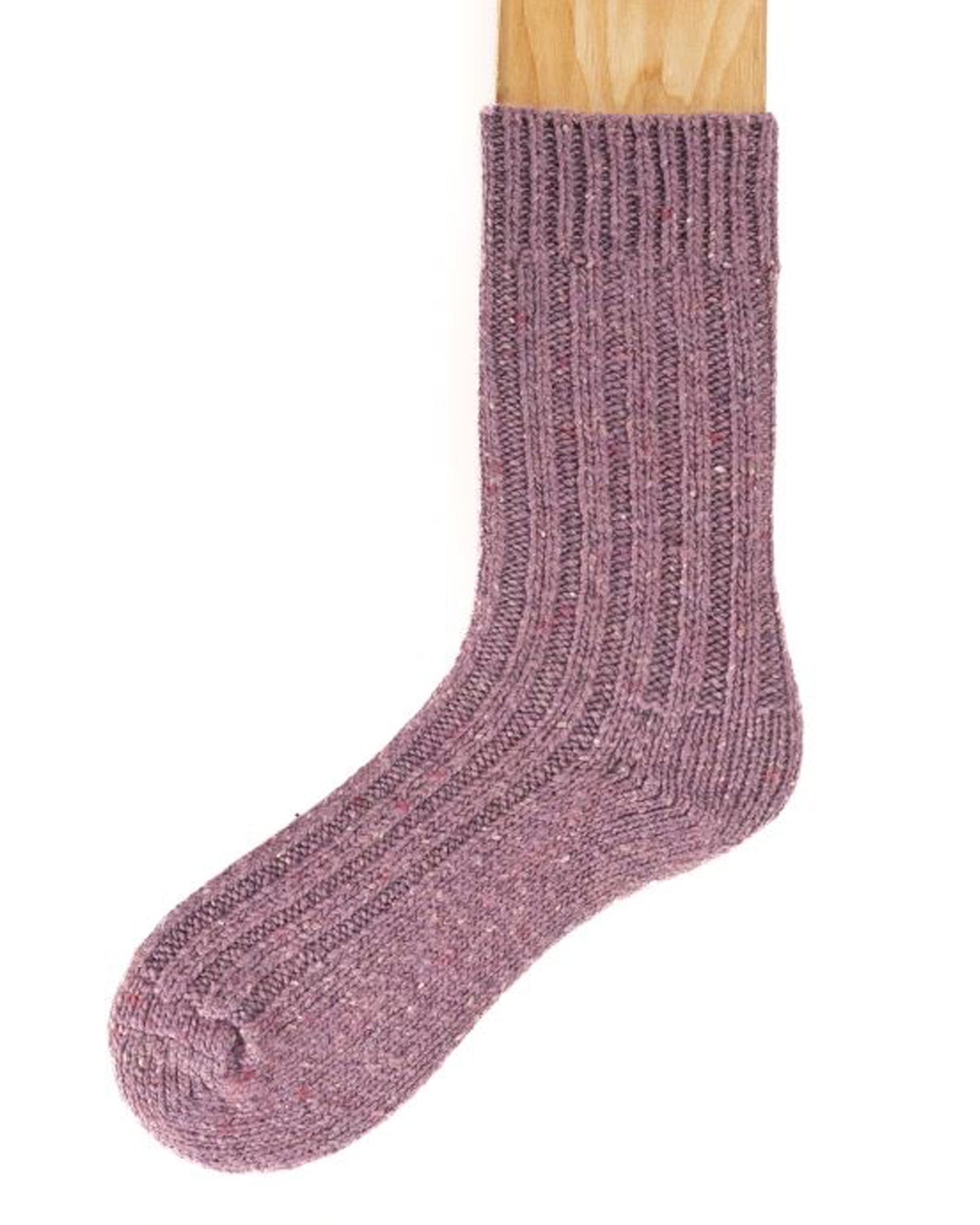 Chunky lilac purple coloured ribbed knitted wool mix ankle socks with plain sole and a fleck throughout. Made in Ireland by Connemara Socks.