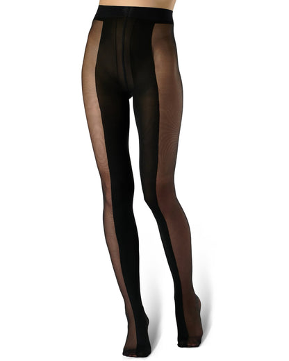 Black sheer tights with solid black side panels, shown on a model from the waist down against a white background.