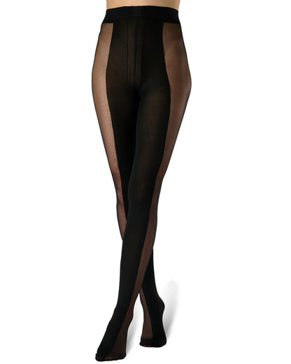 Black sheer mesh tights with solid black side panels, shown on a model's legs against a white background.