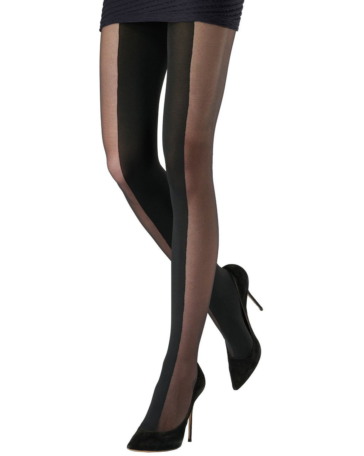 Black sheer panel tights worn with black pointed-toe stiletto heels, shown on a model's legs against a plain white background.