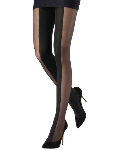 Black sheer panel tights worn with black pointed-toe stiletto heels, shown on a model's legs against a plain white background.
