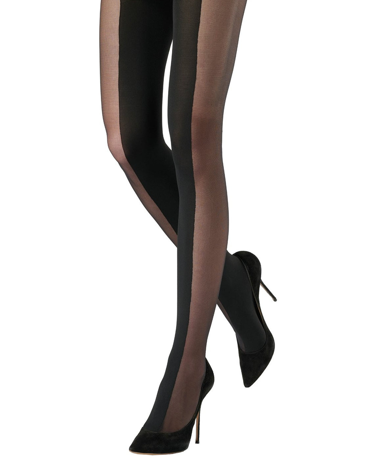 Black sheer tights with solid black side panels, shown on a model's legs paired with black pointed-toe stiletto heels against a white background.