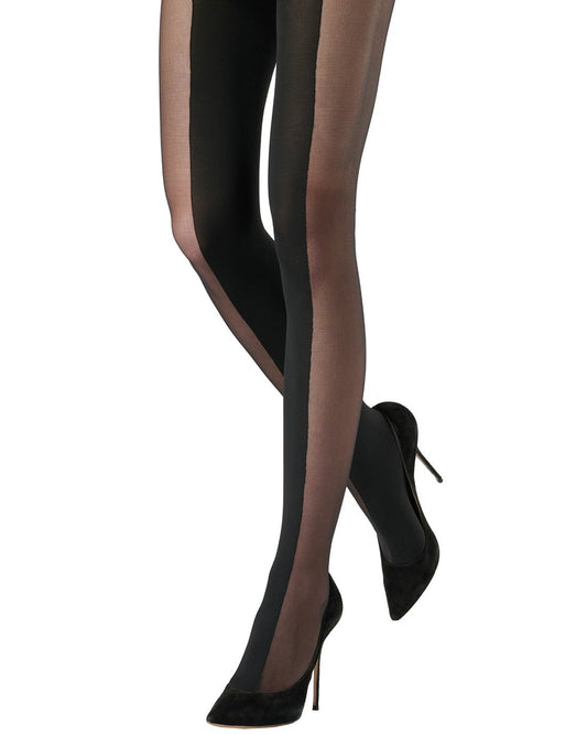 Black sheer tights with solid black side panels, shown on a model's legs paired with black pointed-toe stiletto heels against a white background.