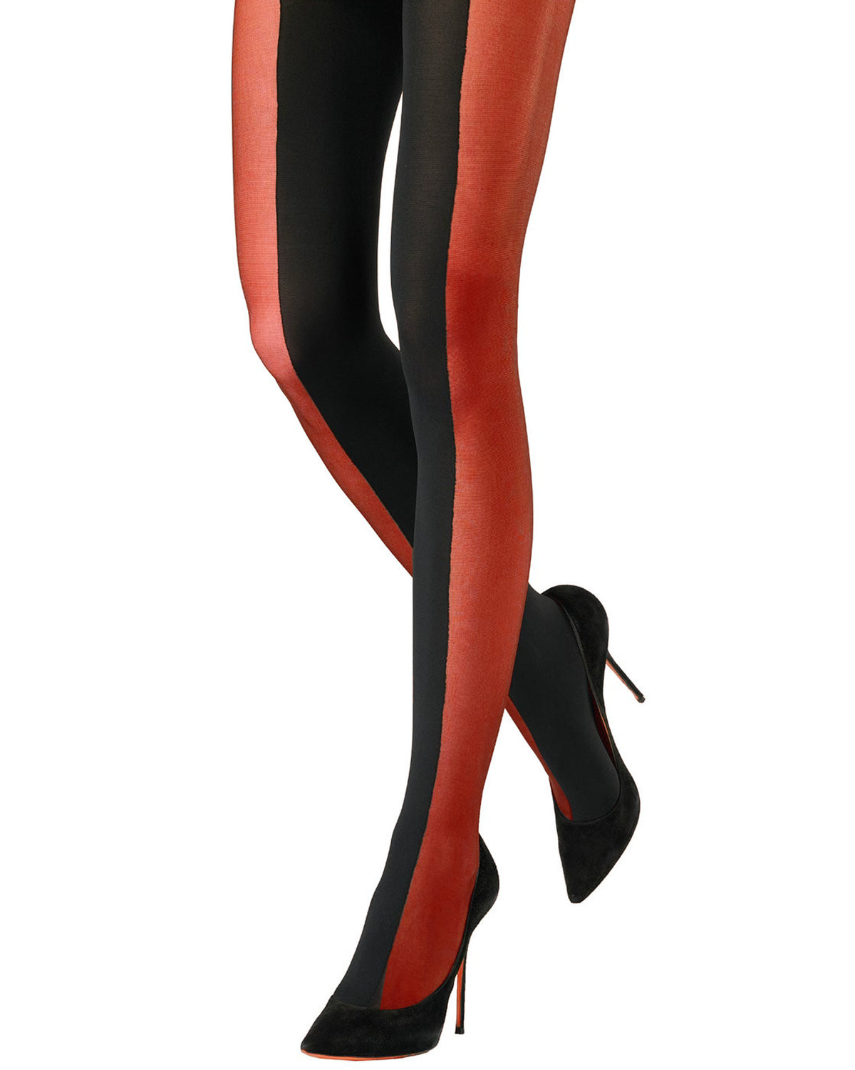 Black and red color blocked tights worn on a model's legs, paired with black pointed-toe stiletto heels against a plain white background.