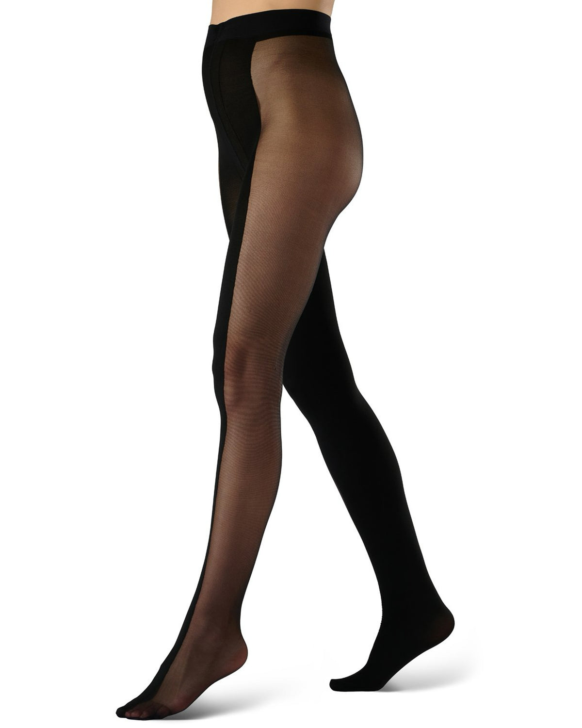 A model's legs wearing sheer black thigh-high stockings with solid black side panels, shown from a side profile against a white background.