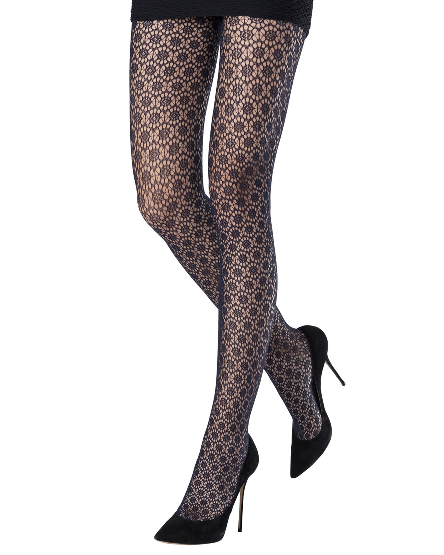 Emilio Cavallini Circle Lace Tights - Black openwork circular crochet style lace tights worn with black court shoe heels and black mini skirt.