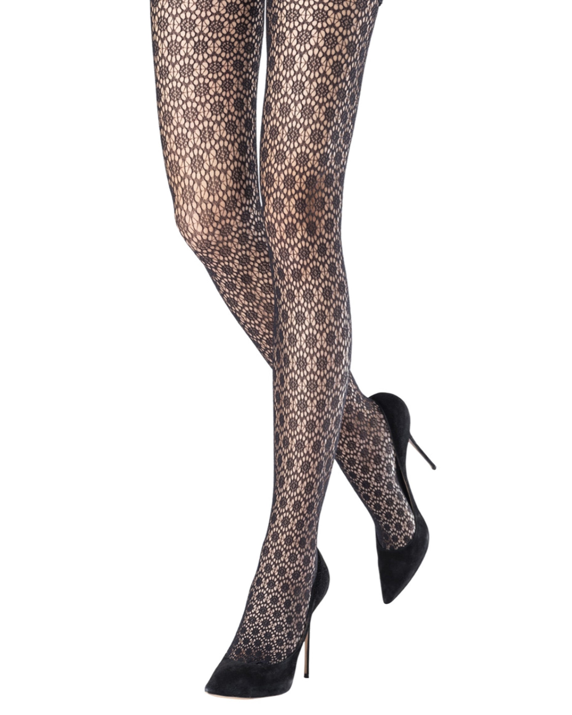 Emilio Cavallini Circle Lace Tights - Black openwork circular crochet style lace tights with reinforced toe and seamless body.