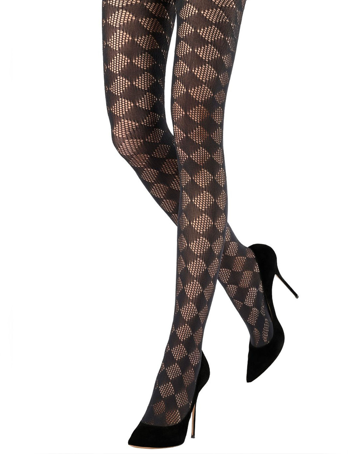 Black fashion tights with a geometric diamond pattern, shown on a model's legs paired with black pointed-toe stiletto heels against a white background.