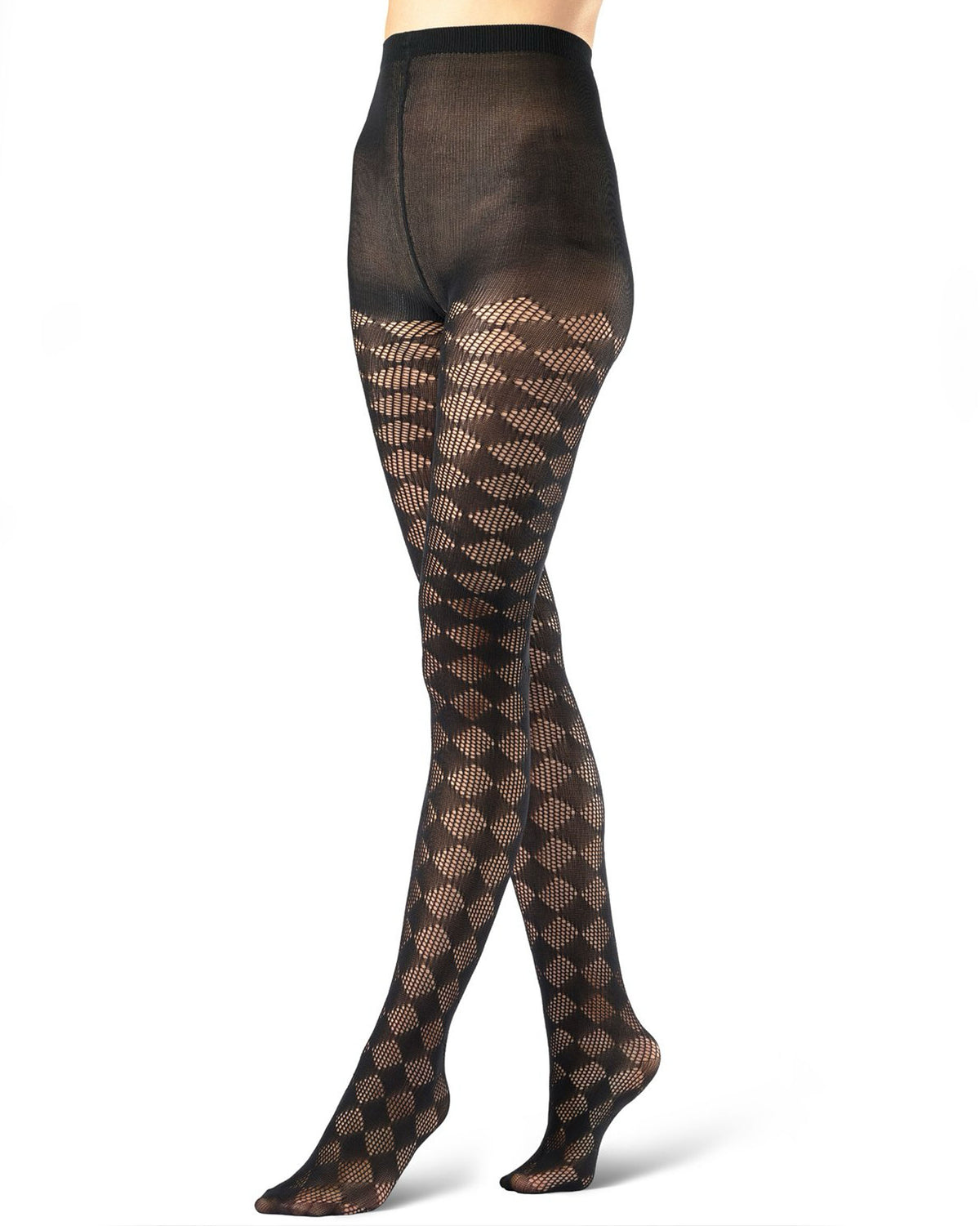 Black fishnet tights with a diamond-patterned design, shown on a model's legs against a white background.