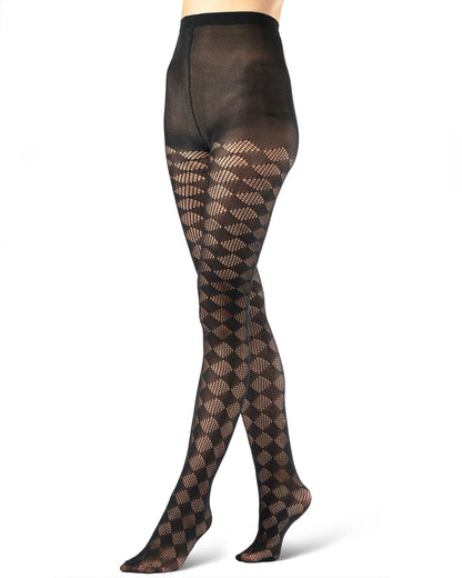 Black fishnet tights with a diamond-patterned design, shown on a model's legs against a white background.