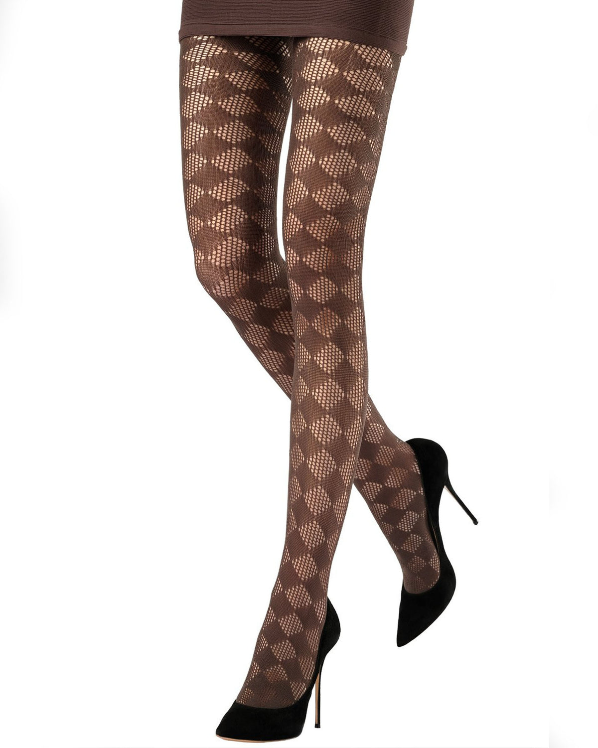 Brown fashion tights with a diamond pattern, worn by a model with black high heels against a white background.